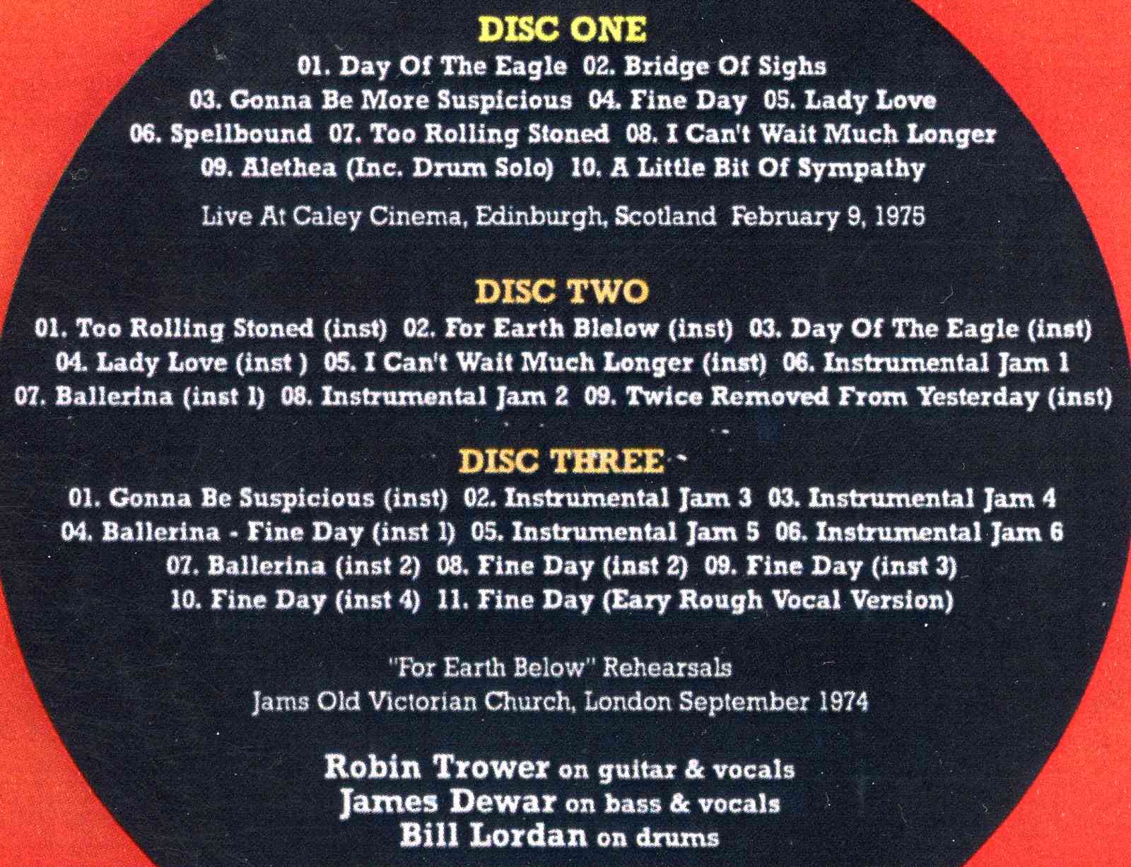 Robin Trower - Live & Rehearsals ( 3 CD SET ) ( Live in Scotland 1975 plus For Earth Below Rehearsals ,London , UK Sep '74 )